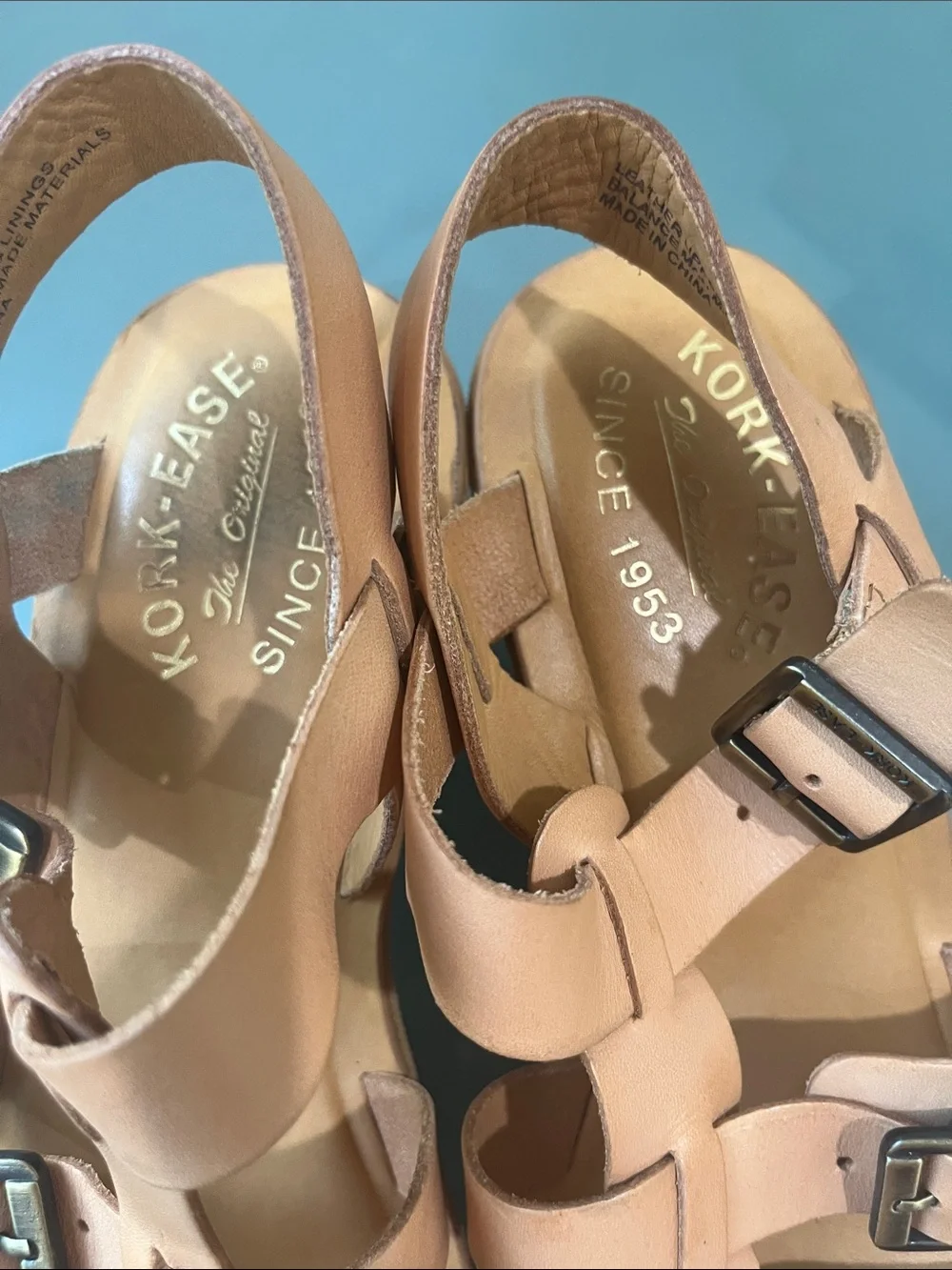 Kork-Ease Peachy Tan Triple-Buckle Platform Sandals size 7